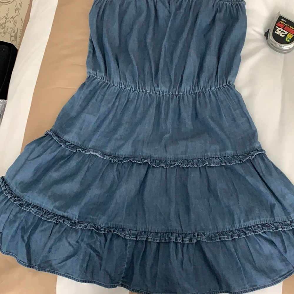 EXPRESS | Denim Square Neck Tiered Mini Dress - Picture 16 of 17